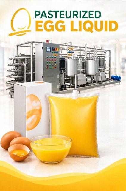 Pasteurized liquid egg packs and processing line